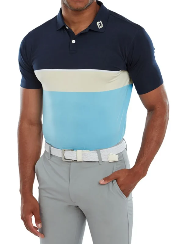 Men FootJoy Shirts< Lisle Colour Theory Golf Shirt (Athletic Fit) - Navy/Almond/True Blue