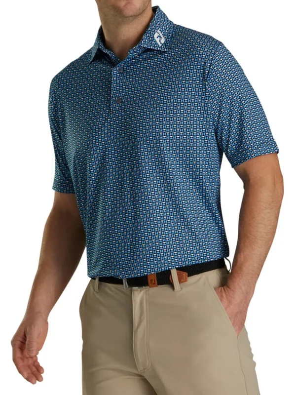 Men FootJoy Shirts< Lisle Half Moon Geo Print Golf Shirt (Athletic Fit) - Navy/Blue/Almond