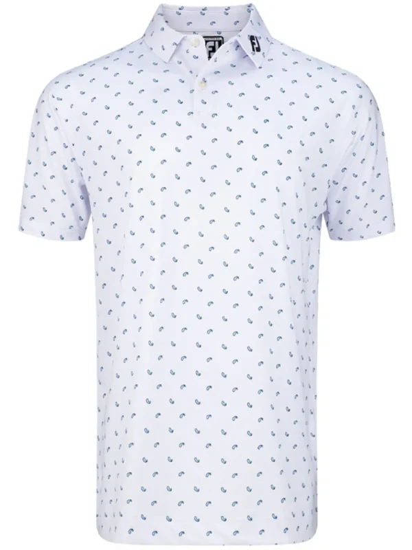 Men FootJoy Shirts< Lisle Paisey Print Golf Shirt (Athletic Fit) - White/Sky