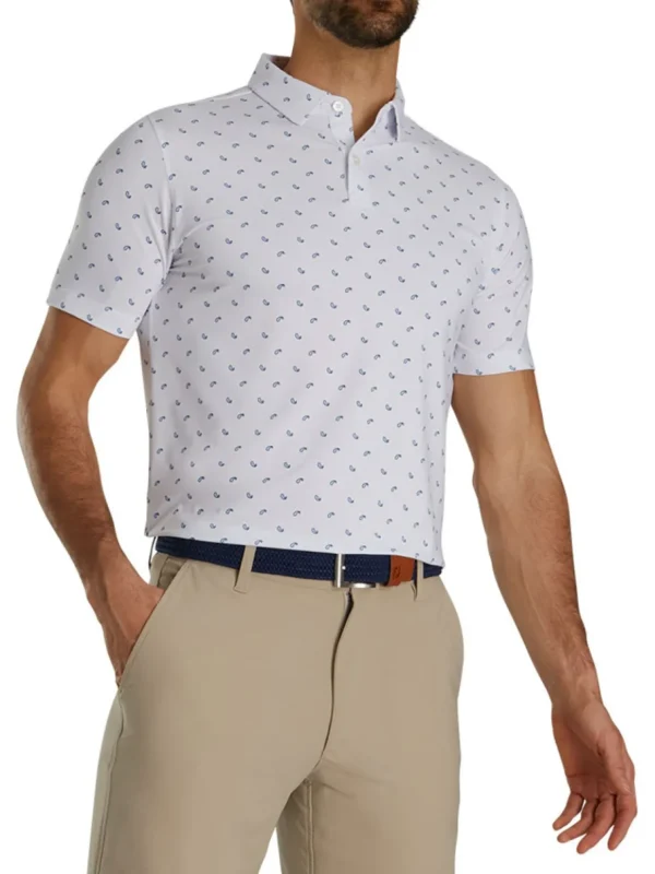 Men FootJoy Shirts< Lisle Paisey Print Golf Shirt (Athletic Fit) - White/Sky