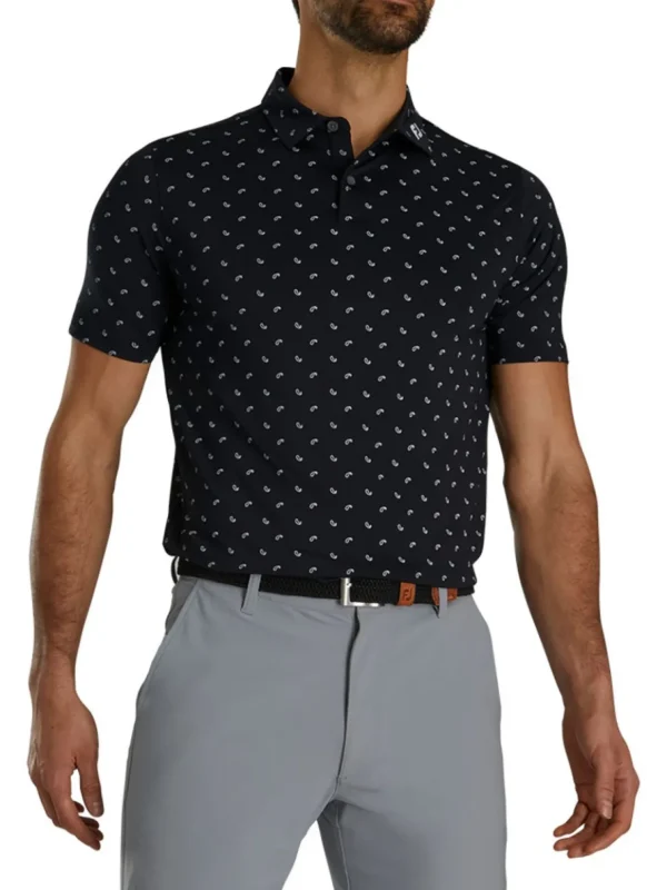 Men FootJoy Shirts< Lisle Paisey Print Golf Shirt (Athletic Fit) - Black/Charcoal