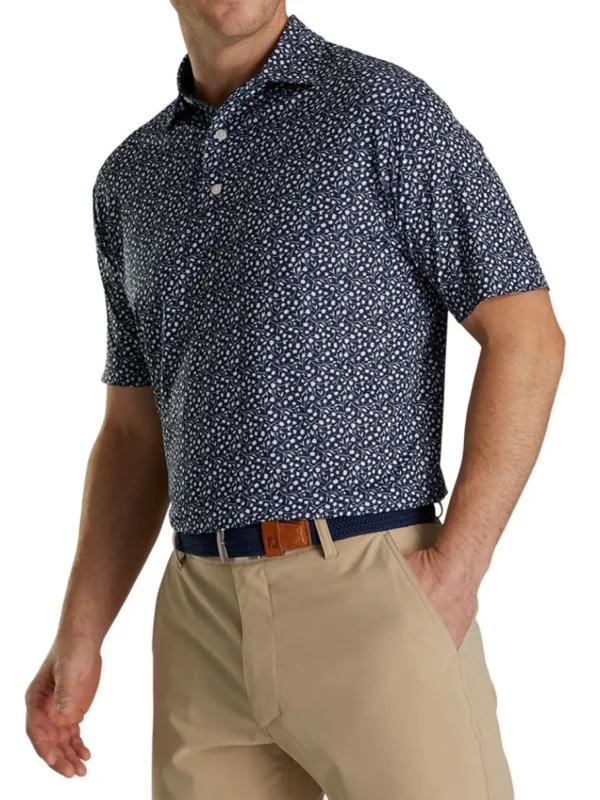 Men FootJoy Shirts< Lisle Tossed Tulips Golf Shirt - Navy/White