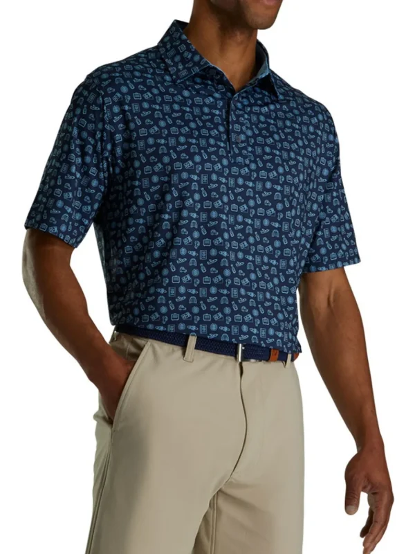 Men FootJoy Shirts< Lisle Travel Print Golf Shirt (Athletic Fit) - Navy/True Blue