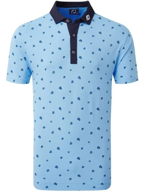 Men FootJoy Shirts< Pique Scattered Floral Print Golf Shirt (Athletic Fit) - True Blue/Navy