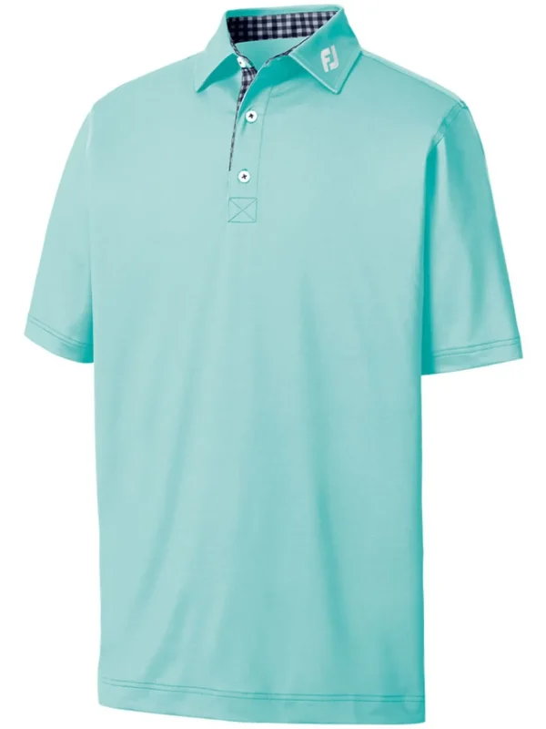 Men FootJoy Shirts< Stretch Pique Solid Gingham Trim Golf Shirt (Athletic Fit) - Aqua Surf