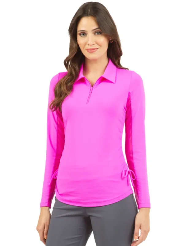 Women IBKUL Shirts< Adjustable Long Sleeve Zip Polo - Hot Pink