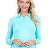 Women IBKUL Shirts< Adjustable Long Sleeve Zip Polo - Seafoam