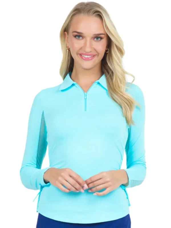 Women IBKUL Shirts< Adjustable Long Sleeve Zip Polo - Seafoam