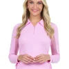 Women IBKUL Shirts< Adjustable Long Sleeve Zip Polo - Candy Pink