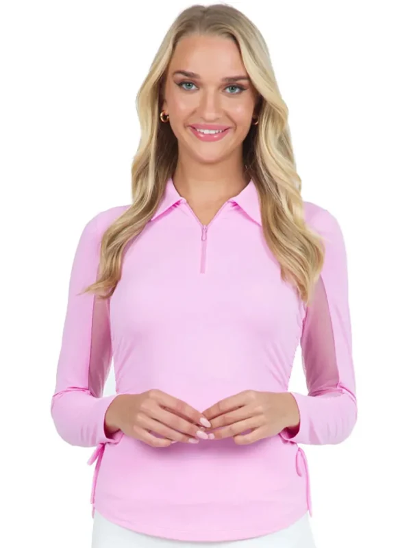 Women IBKUL Shirts< Adjustable Long Sleeve Zip Polo - Candy Pink