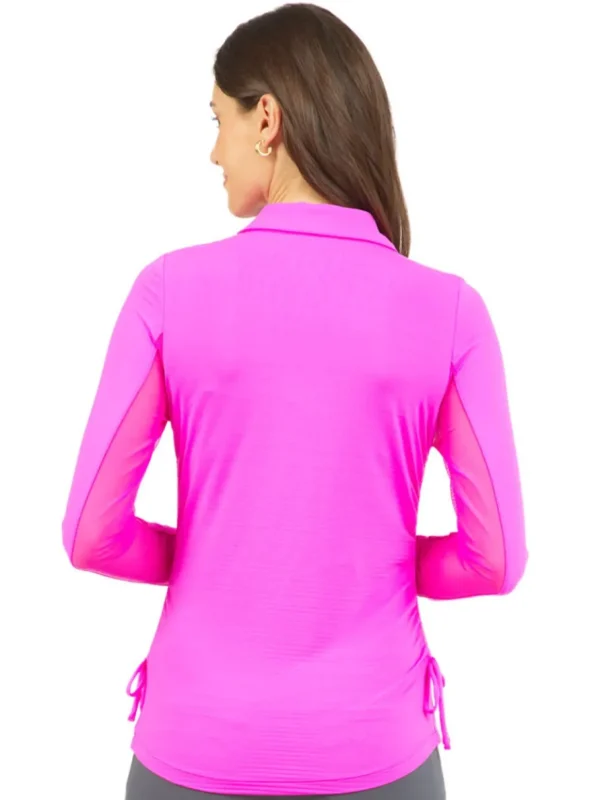 Women IBKUL Shirts< Adjustable Long Sleeve Zip Polo - Hot Pink