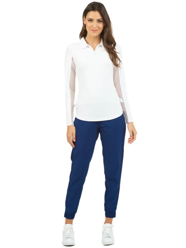 Women IBKUL Shirts< Adjustable Long Sleeve Zip Polo - White