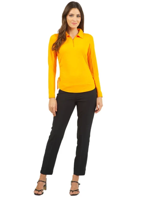 Women IBKUL Shirts< Adjustable Long Sleeve Zip Polo - Orange Peel