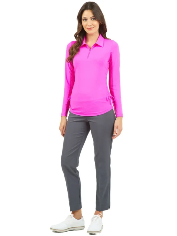 Women IBKUL Shirts< Adjustable Long Sleeve Zip Polo - Hot Pink