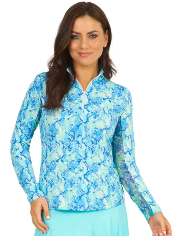 Women IBKUL Shirts< Cora Print Long Sleeve Mock Neck Top - Jade/Blue