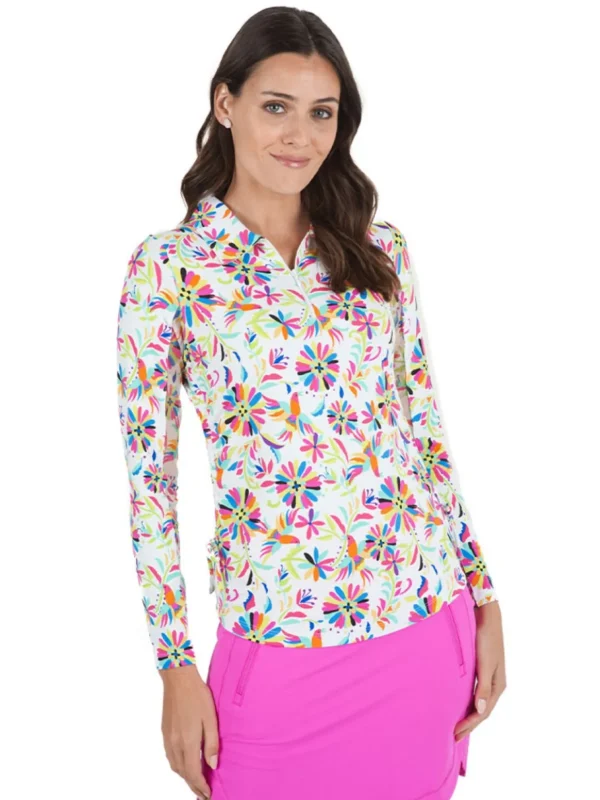 Women IBKUL Shirts< Estela Print Long Sleeve Mock Neck Top - White/Multi