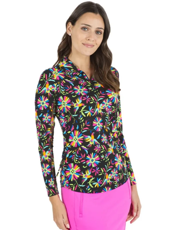 Women IBKUL Shirts< Estela Print Long Sleeve Mock Neck Top - Black/Multi