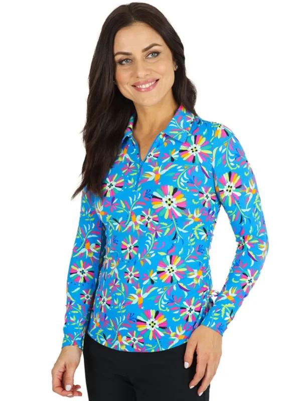 Women IBKUL Shirts< Estela Print Long Sleeve Mock Neck Top - Blue/Multi