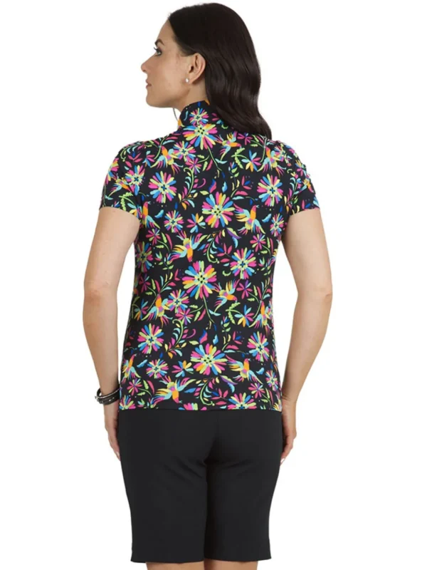 Women IBKUL Shirts< Estela Print Short Sleeve Mock Neck - Black/Multi