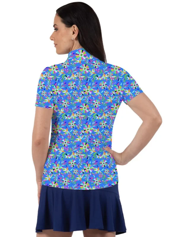 Women IBKUL Shirts< Estela Print Short Sleeve Mock Neck - Blue/Multi