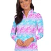 Women IBKUL Shirts< Jesse Print Long Sleeve Mock Neck Top - Hot Pink/Turquoise