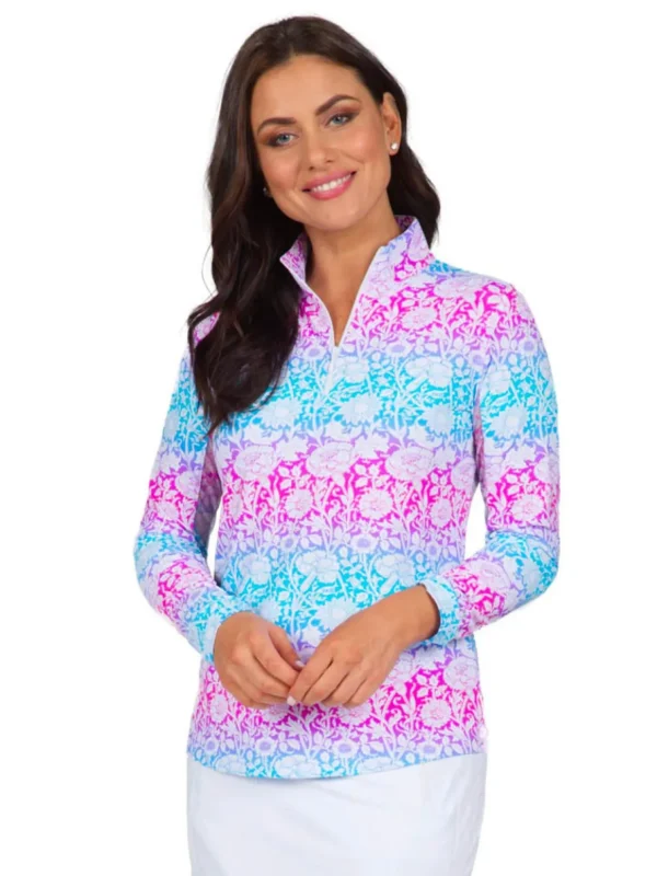 Women IBKUL Shirts< Jesse Print Long Sleeve Mock Neck Top - Hot Pink/Turquoise