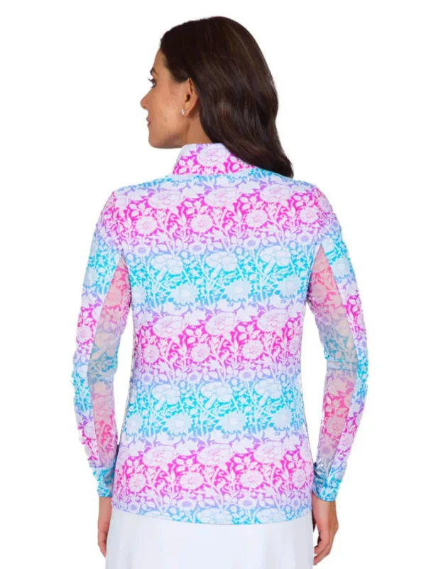 Women IBKUL Shirts< Jesse Print Long Sleeve Mock Neck Top - Hot Pink/Turquoise