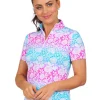 Women IBKUL Shirts< Jesse Print Short Sleeve Mock Neck - Hot Pink/Turquoise