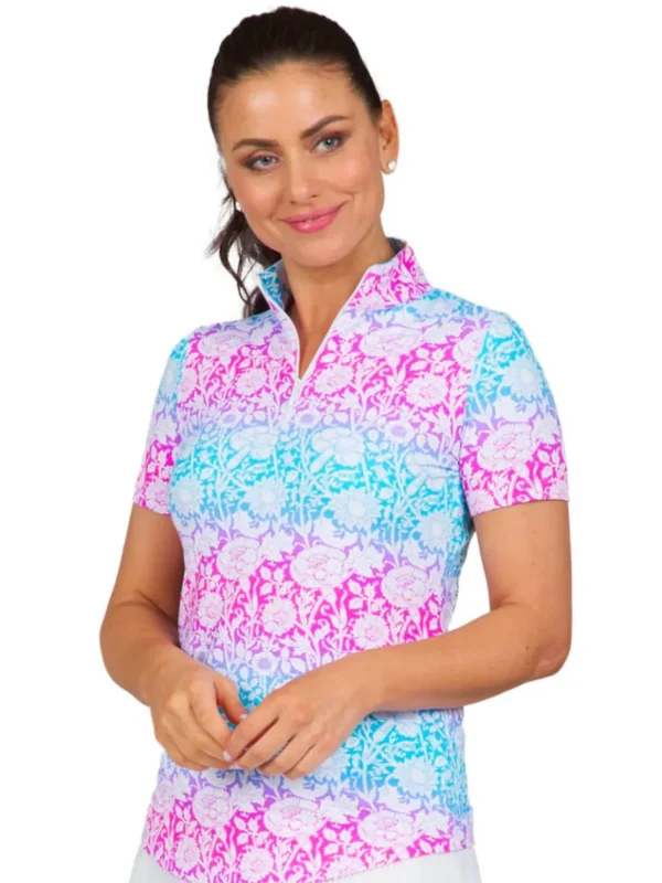 Women IBKUL Shirts< Jesse Print Short Sleeve Mock Neck - Hot Pink/Turquoise