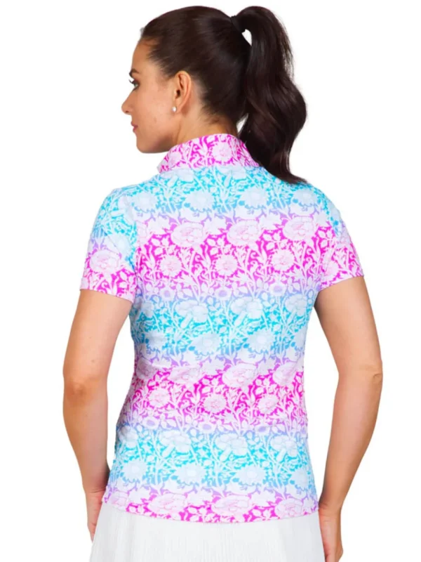 Women IBKUL Shirts< Jesse Print Short Sleeve Mock Neck - Hot Pink/Turquoise