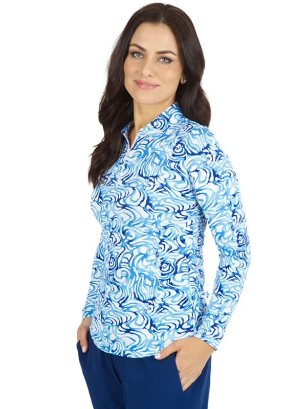 Women IBKUL Shirts< Kinsley Print Long Sleeve Mock Neck Top - Blue/Peri