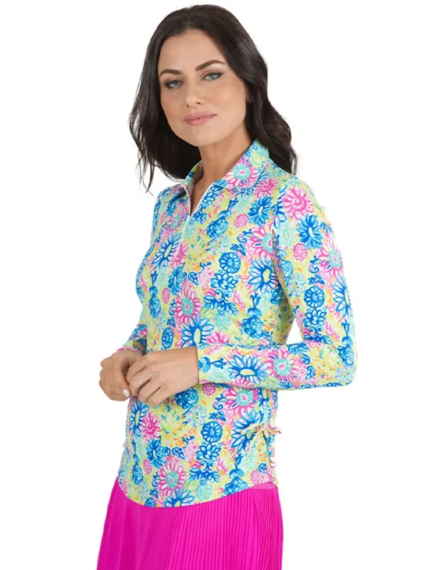 Women IBKUL Shirts< Lilli Print Long Sleeve Mock Neck Top - Hot Pink/Multi