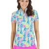 Women IBKUL Shirts< Lilli Print Short Sleeve Mock Neck - Hot Pink/Multi