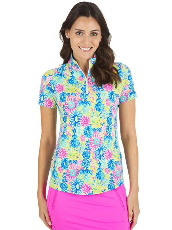 Women IBKUL Shirts< Lilli Print Short Sleeve Mock Neck - Hot Pink/Multi