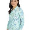 Women IBKUL Shirts< Mariel Print Long Sleeve Mock Neck Top - Turquoise/Multi