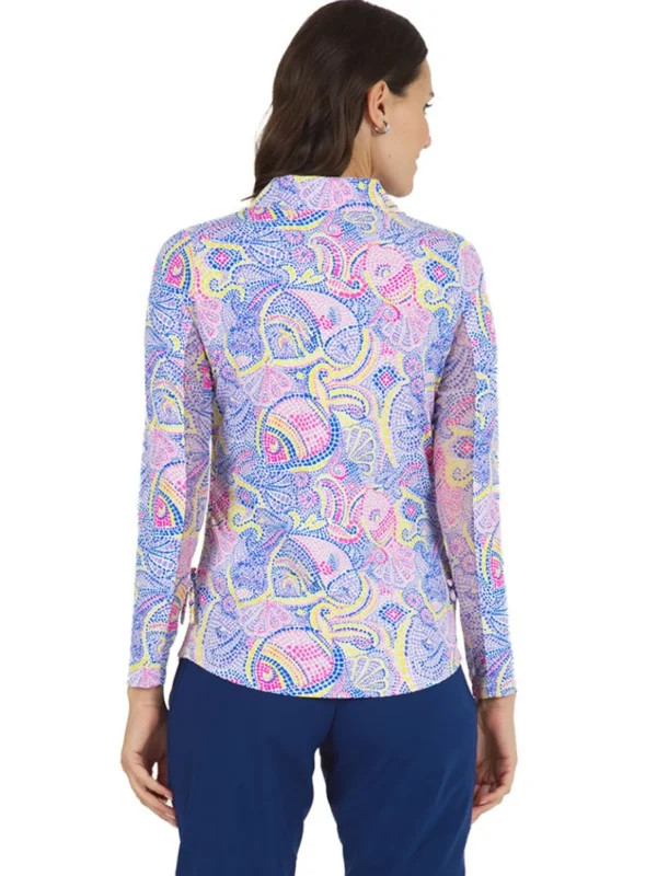 Women IBKUL Shirts< Mariel Print Long Sleeve Mock Neck Top - Blue/Multi