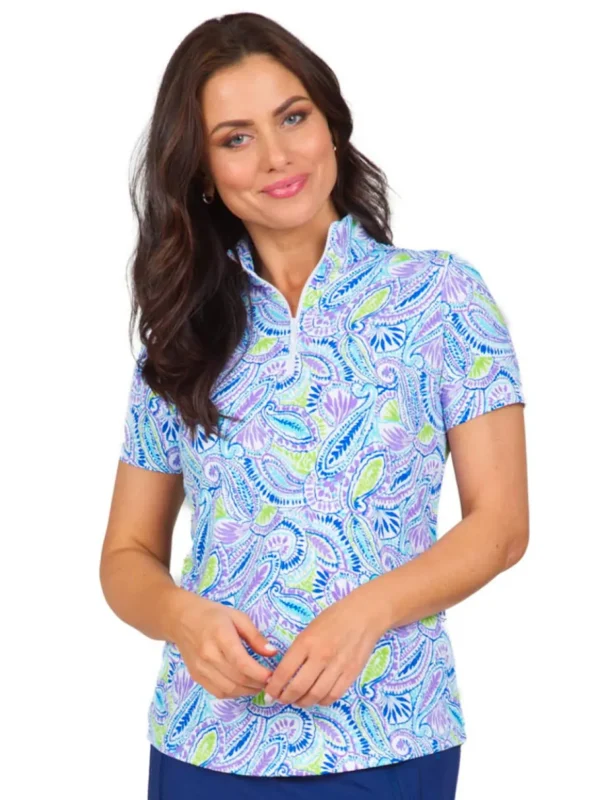 Women IBKUL Shirts< Massie Print Short Sleeve Mock Neck - Plum/Multi