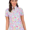 Women IBKUL Shirts< Massie Print Short Sleeve Mock Neck - Watermelon/Multi