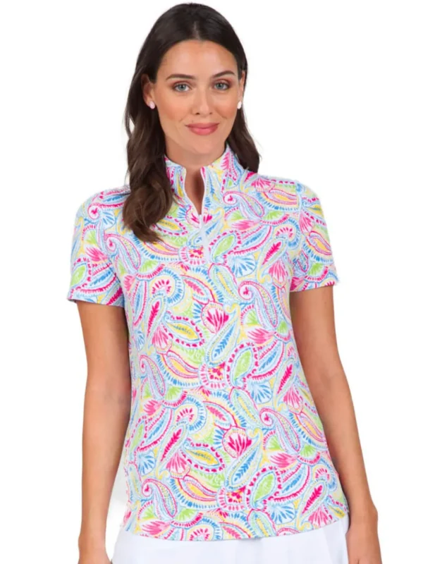 Women IBKUL Shirts< Massie Print Short Sleeve Mock Neck - Watermelon/Multi