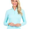 Women IBKUL Shirts< Mini Check Long Sleeve Mock Neck Top - Seafoam/White