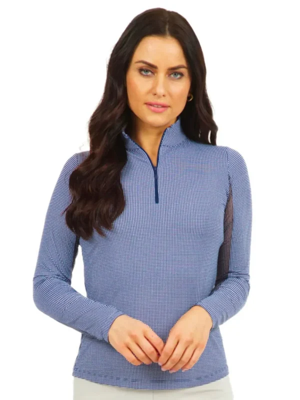 Women IBKUL Shirts< Mini Check Long Sleeve Mock Neck Top - Navy/White