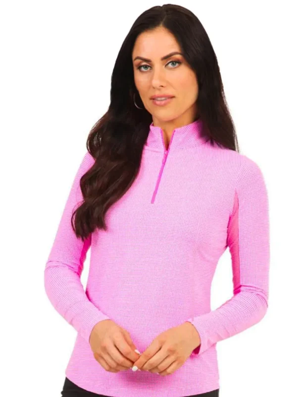 Women IBKUL Shirts< Mini Check Long Sleeve Mock Neck Top - Hot Pink/White