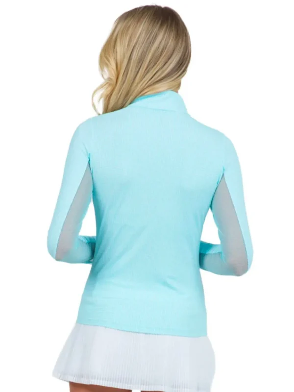 Women IBKUL Shirts< Mini Check Long Sleeve Mock Neck Top - Seafoam/White