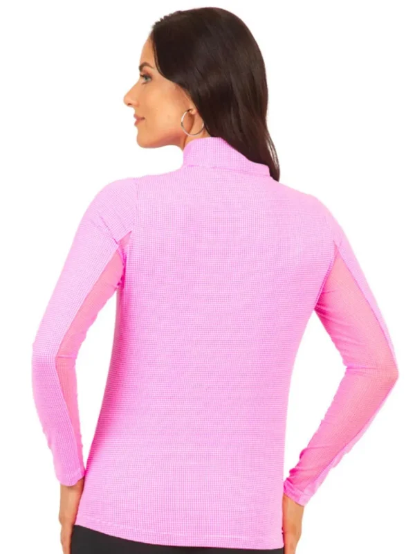 Women IBKUL Shirts< Mini Check Long Sleeve Mock Neck Top - Hot Pink/White