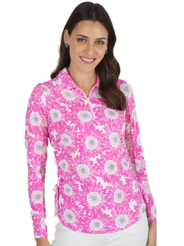 Women IBKUL Shirts< Ruthie Print Long Sleeve Mock Neck Top - Hot Pink/White