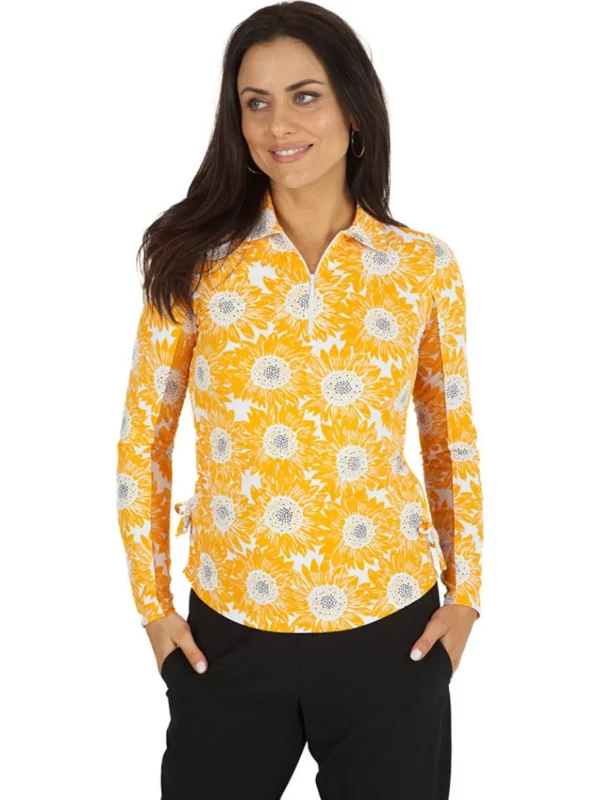 Women IBKUL Shirts< Ruthie Print Long Sleeve Mock Neck Top - Orange Peel/White