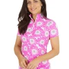 Women IBKUL Shirts< Ruthie Print Short Sleeve Mock Neck - Hot Pink/Multi