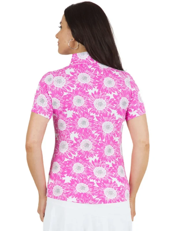 Women IBKUL Shirts< Ruthie Print Short Sleeve Mock Neck - Hot Pink/Multi