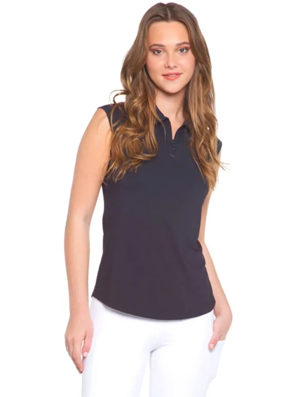 Women IBKUL Shirts< Solid Sleeveless Polo - Black