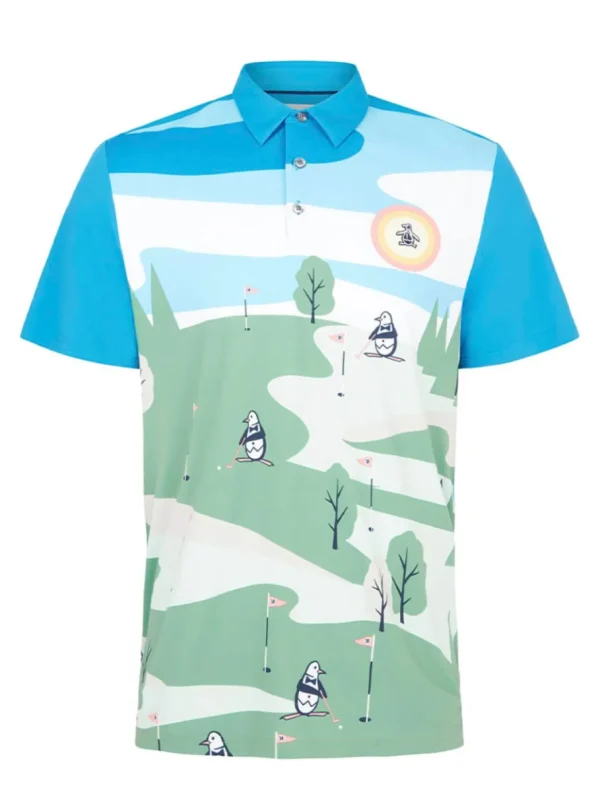 Men Original Penguin Shirts< Pete On The Course Novelty Print Polo - Mediterranean Blue